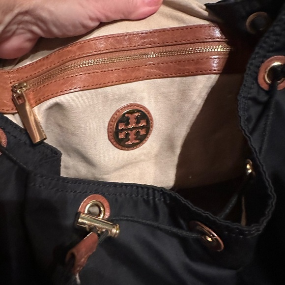 Tory Burch backpack black nylon brown leather multiple zipper and open pockets main image 5
